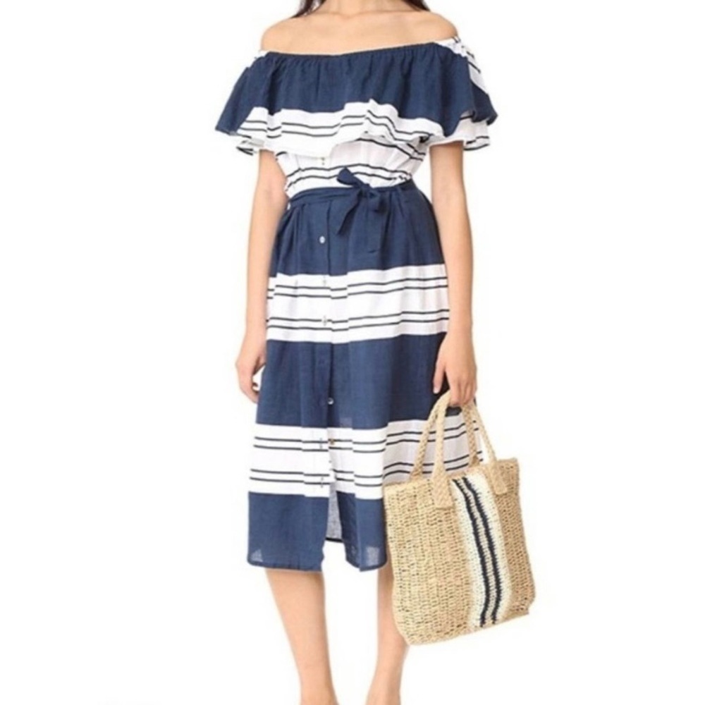 Faithfull the Brand Womens Majorca Midi Stripe Dress Sz 6 Navy Off The Shoulder